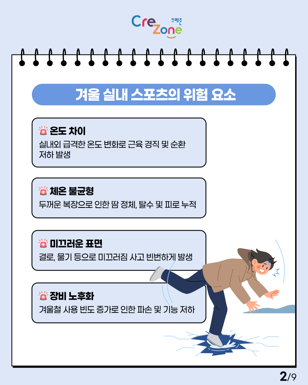 Crezone 
[겨울 실내 스포츠의 위험 요소]

온도 차이
실내외 급격한 온도 변화로 근육 경직 및 순환 저하 발생

체온 불균형
두꺼운 복장으로 인한 땀 정체, 탈수 및 피로 누적

미끄러운 표면
결로, 물기 등으로 미끄러짐 사고 빈번하게 발생

장비 노후화
겨울철 사용 빈도 증가로 인한 파손 및 기능 저하 2/9