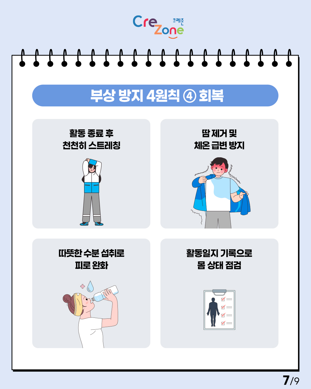 Crezone
[부상 방지 4원칙 ④ 회복]

활동 종료 후 천천히 스트레칭
땀 제거 및 체온 급변 방지
따뜻한 수분 섭취로 피로 완화
활동일지 기록으로 몸 상태 점검 7/9