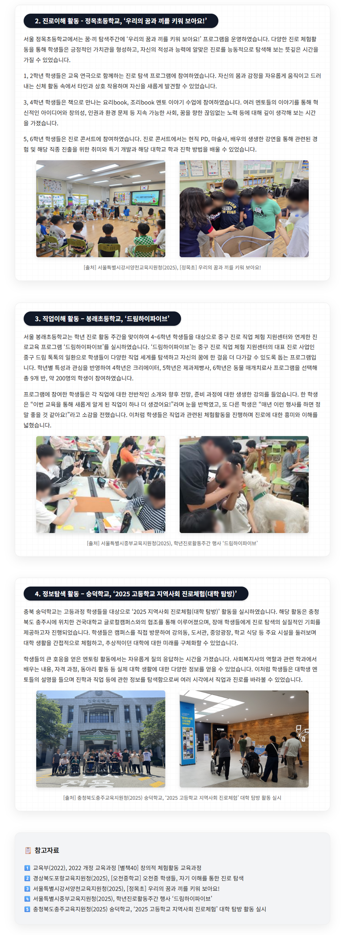 1. 진로 이해 활동 - 정목초등학교, ‘우리의 꿈과 끼를 키워 보아요!’

서울 정목초등학교에서는 꿈·끼 탐색 주간에 ‘우리의 꿈과 끼를 키워 보아요!’ 프로그램을 운영하였습니다. 다양한 진로 체험활동을 통해 학생들은 긍정적인 가치관을 형성하고, 자신의 적성과 능력에 알맞은 진로를 능동적으로 탐색해 보는 뜻깊은 시간을 가질 수 있었습니다.

1, 2학년 학생들은 교육 연극으로 함께하는 진로 탐색 프로그램에 참여하였습니다. 자신의 몸과 감정을 자유롭게 움직이고 드러내는 신체 활동 속에서 타인과 상호 작용하며 자신을 새롭게 발견할 수 있었습니다. 

3, 4학년 학생들은 책으로 만나는 요리book, 조리book 멘토 이야기 수업에 참여하였습니다. 여러 멘토의 이야기를 통해 혁신적인 아이디어와 창의성, 인권과 환경 문제 등 지속 가능한 사회, 꿈을 향한 끊임없는 노력 등에 대해 깊이 생각해 보는 시간을 가졌습니다. 

5, 6학년 학생들은 진로 콘서트에 참여하였습니다. 진로 콘서트에서는 현직 PD, 마술사, 배우의 생생한 강연을 통해 관련된 경험 및 해당 직종 진출을 위한 취미와 특기 개발과 해당 대학교 학과 진학 방법을 배울 수 있었습니다. 


[출처] 서울특별시강서양천교육지원청(2025) [정목초] 우리의 꿈과 끼를 키워 보아요!
서울특별시강서양천교육지원청

3. 직업 이해 활동 – 봉래초등학교, ‘드림하이파이브’

서울 봉래초등학교는 학년 진로활동 주간을 맞이하여 4~6학년 학생들을 대상으로 중구 진로직업체험지원센터와 연계한 진로교육 프로그램 ‘드림하이파이브’를 실시하였습니다. ‘드림하이파이브’는 중구 진로직업체험 지원센터의 대표 진로사업인 중구 드림 톡톡의 일환으로 학생들이 다양한 직업 세계를 탐색하고 자신의 꿈에 한 걸음 더 다가갈 수 있도록 돕는 프로그램입니다. 학년별 특성과 관심을 반영하여 4학년은 크리에이터, 5학년은 제과제빵사, 6학년은 동물 매개치료사 프로그램을 선택해 총 9개 반, 약 200명의 학생이 참여하였습니다. 

프로그램에 참여한 학생들은 각 직업에 대한 전반적인 소개와 향후 전망, 준비 과정에 대한 생생한 강의를 들었습니다. 한 학생은 “이번 교육을 통해 새롭게 알게 된 직업이 하나 더 생겼어요!”라며 눈을 반짝였고, 또 다른 학생은 “매년 이런 행사를 하면 정말 좋을 것 같아요!”라고 소감을 전했습니다. 이처럼 학생들은 직업과 관련된 체험활동을 진행하며 진로에 대한 흥미와 이해를 넓혔습니다.




















[출처] 서울특별시중부교육지원청(2025) 학년진로활동주간 행사 ‘드림하이파이브’
서울특별시중부교육지원청




4. 정보탐색 활동 – 숭덕학교, ‘2025 고등학교 지역사회 진로체험(대학 탐방)’

충북 숭덕학교는 고등과정 학생들을 대상으로 ‘2025 지역사회 진로체험(대학 탐방) 활동을 실시하였습니다. 해당 활동은 충청북도 충주시에 위치한 건국대학교 글로컬캠퍼스와의 협조를 통해 이루어졌으며, 장애 학생들에게 진로 탐색의 실질적인 기회를 제공하고자 진행되었습니다. 학생들은 캠퍼스를 직접 방문하여 강의동, 도서관, 중앙광장, 학교 식당 등 주요 시설을 둘러보며 대학 생활을 간접적으로 체험하고, 추상적이던 대학에 대한 미래를 구체화할 수 있었습니다. 

학생들의 큰 호응을 얻은 멘토링 활동에서는 자유롭게 질의응답하는 시간을 가졌습니다. 사회복지사의 역할과 관련 학과에서 배우는 내용, 자격 과정, 동아리 활동 등 실제 대학 생활에 대한 다양한 정보를 얻을 수 있었습니다. 이처럼 학생들은 대학생 멘토들의 설명을 들으며 진학과 직업 등에 관한 정보를 탐색함으로써 여러 시각에서 직업과 진로를 바라볼 수 있었습니다. 


[출처] 충청북도충주교육지원청(2025) 숭덕학교, ’2025 고등학교 지역사회 진로체험‘대학 탐방 활동 실시
충주교육지원청 > 알림마당 > 충주교육소식 > 충주보도자료 > 상세