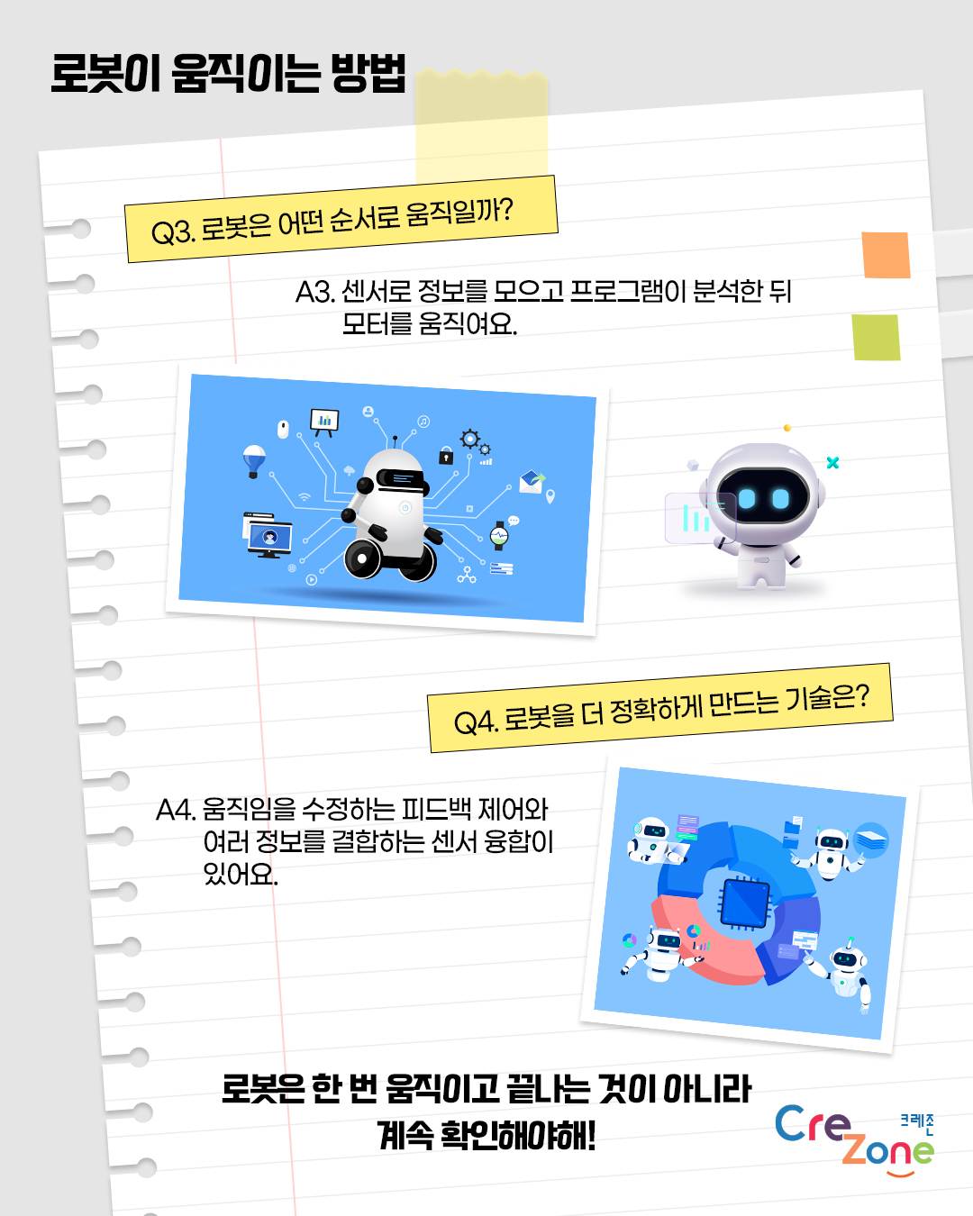 로봇이 움직이는 방법

Q3. 로봇은 어떤 순서로 움직일까?
A3. 센서로 정보를 모으고 프로그램이 분석한 뒤 모터를 움직여요.
로봇의 정보 수집 과정을 표현한 일러스트

Q4. 로봇을 더 정확하게 만드는 기술은?
A4. 움직임을 수정하는 피드백 제어와 여러 정보를 결합하는 센서 융합이 있어요.
여러 센서 정보를 결합하는 센서 융합을 표현한 일러스트

로봇은 한 번 움직이고 끝나는 것이 아니라 계속 확인해야해!
